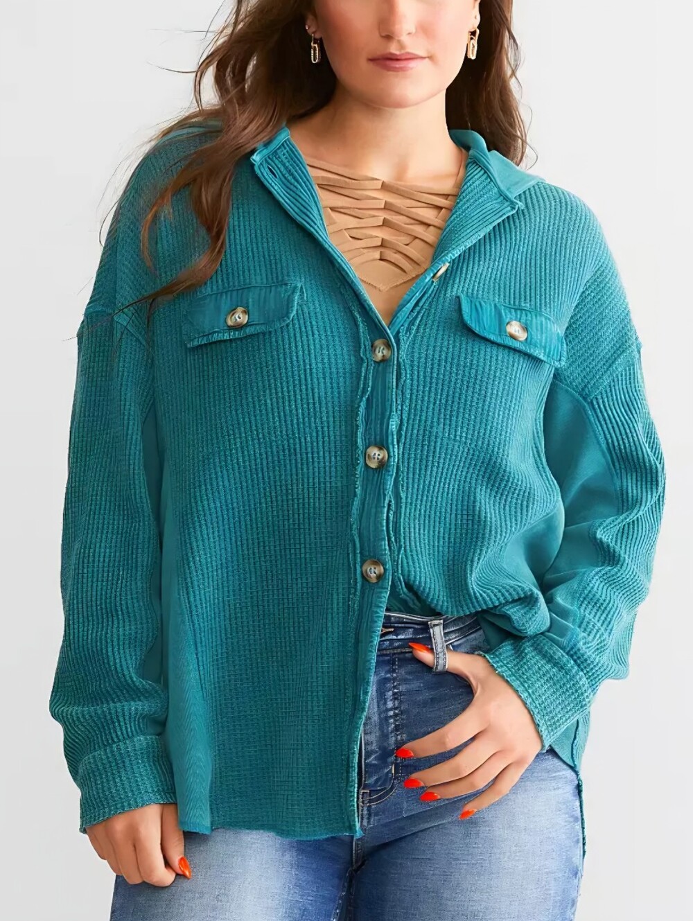 BKE Boyfriend Teal Mineral Washed Waffle Knit Hooded Button Down Thermal Top S